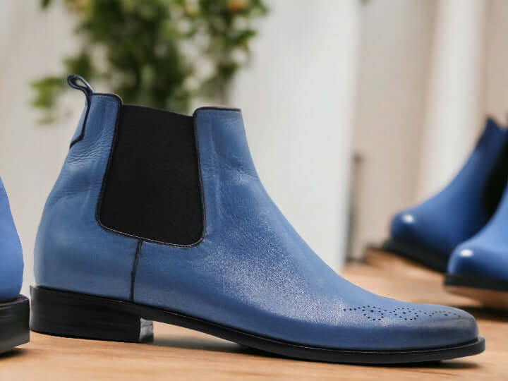 Handmade Blue Chelsea Leather Boot, Men's Real Leather Brogue Boot