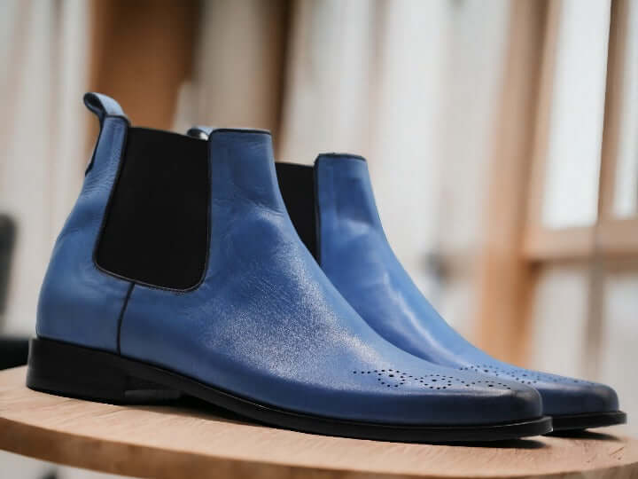 Handmade Blue Chelsea Leather Boot, Men's Real Leather Brogue Boot