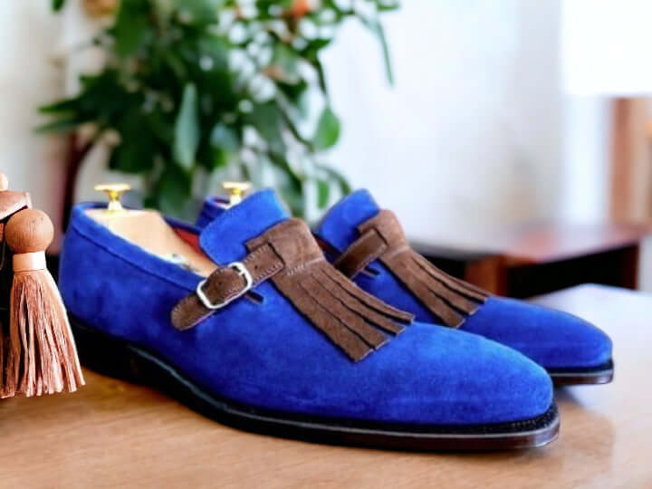 Handmade Blue Brown Suede Shoes,Men's  Fringe Buckle Loafer Shoes 