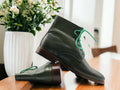 Expertly crafted from 100% genuine leather, these ankle high green boots are handmade for superior quality Chukka boots. Durable and stylish, these boots are perfect for any occasion. Pair them with any outfit for a timeless look.