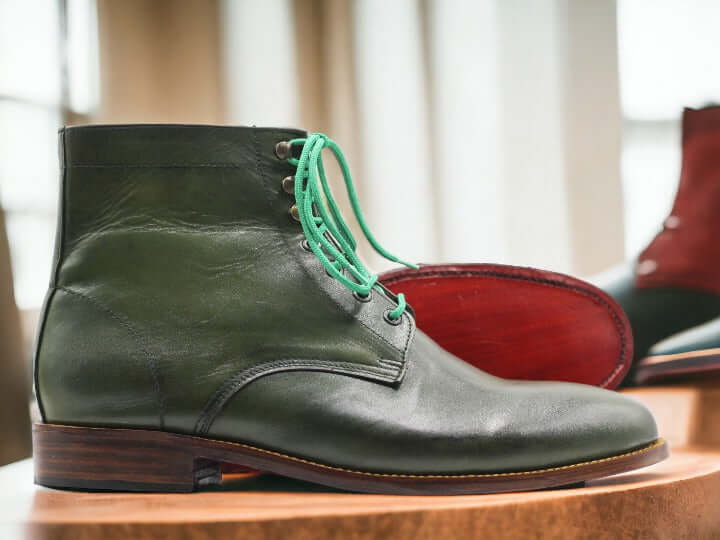 Expertly crafted from 100% genuine leather, these ankle high green boots are handmade for superior quality Chukka boots. Durable and stylish, these boots are perfect for any occasion. Pair them with any outfit for a timeless look.