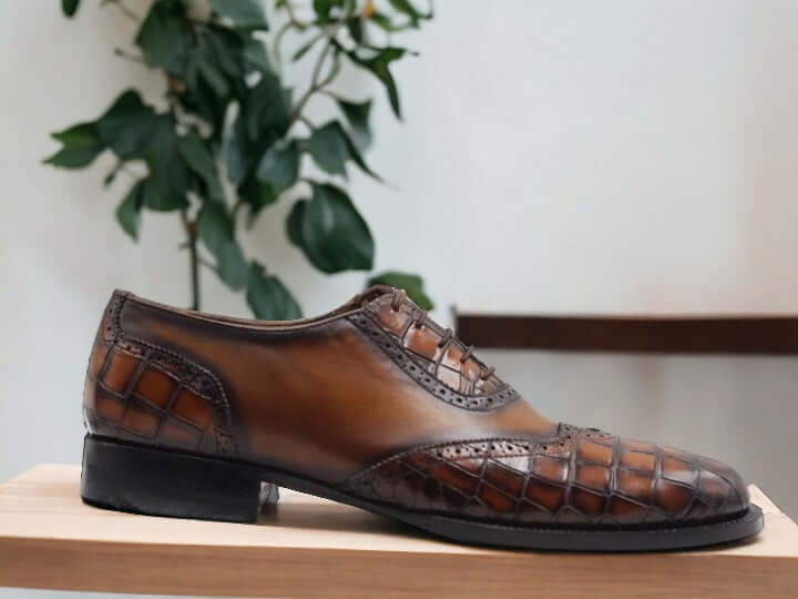 Handmade Brown Alligator Deigner Lace Up Shoes, Men's Party Shoes