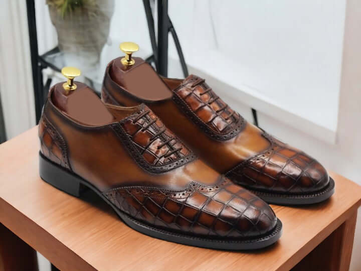 Handmade Brown Alligator Deigner Lace Up Shoes, Men's Party Shoes