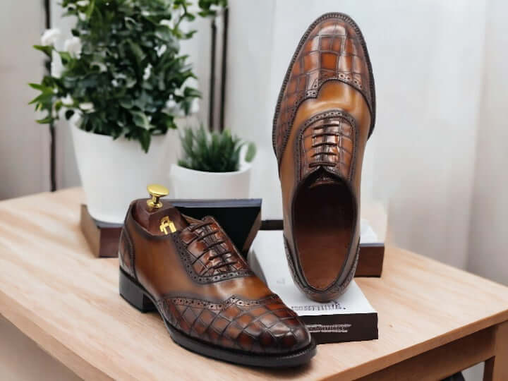 Handmade Brown Alligator Deigner Lace Up Shoes, Men's Party Shoes