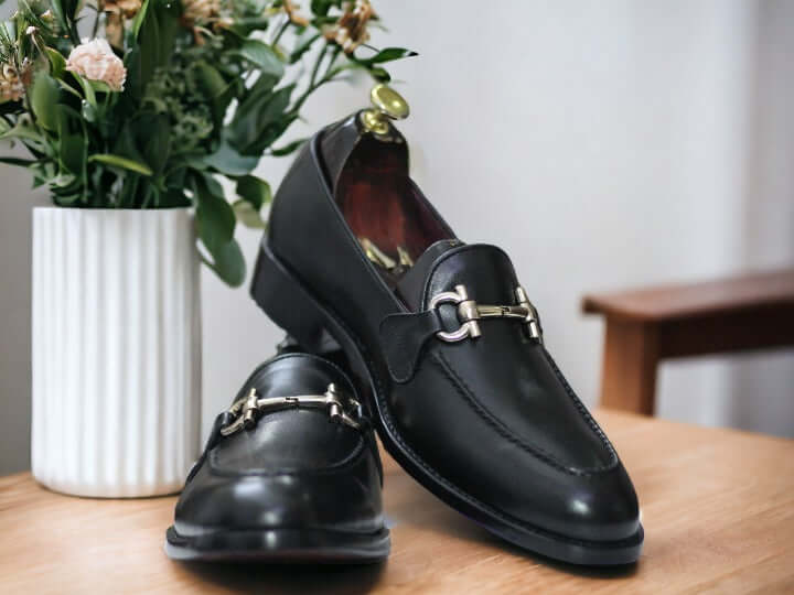 Men's Handmade Pure Black Genuine Leather Shoes, Horsebit Style Loafer Shoes