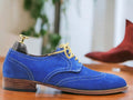 Expertly hand painted and crafted with premium blue suede, these men's lace up office shoes exude sophistication and style. Perfect for the office or a night out, these shoes offer both comfort and a unique touch to any outfit. Elevate your wardrobe with these one-of-a-kind shoes.