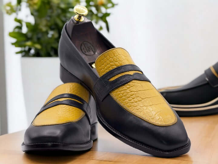 These Handmade Two Tone Penny Loafer Leather Shoes are the perfect blend of style and comfort. Crafted with durable leather, these moccasin slip-ons will elevate any outfit while providing long-lasting wear. Expertly handmade with intricate details, these shoes are a must-have for any fashion-forward individual.