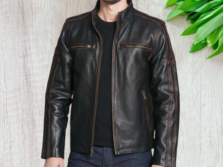 Men Black Brown Belted Zipper Leather Jacket, Classic Trendy Scooter Fashion Jacket