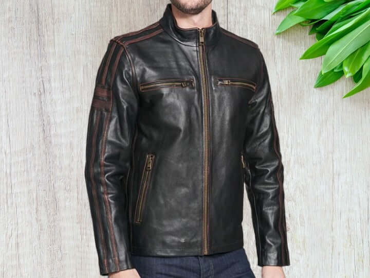 Men Black Brown Belted Zipper Leather Jacket, Classic Trendy Scooter Fashion Jacket