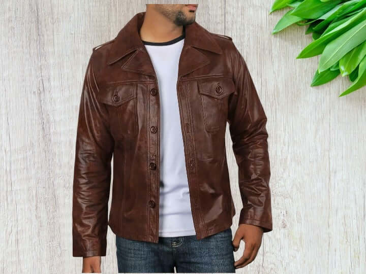 This new men's brown button leather jacket offers both style and functionality. Made with high-quality leather, it features a timeless design with button closures for a classic look. Perfect for any occasion, it's a must-have addition to any wardrobe. Upgrade your style game with this durable and versatile jacket.