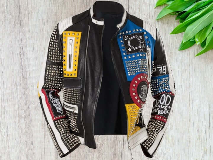 Upgrade your style with our Mens Multi color Studded Printed Logos Punk Leather Jacket. Made from the highest quality leather, this jacket features bold and edgy studded and printed logos for a unique look. Perfect for any occasion, this jacket will make you stand out from the crowd and elevate your fashion game.