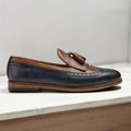 Bepoke Brown Blue Fringe Loafer Tussle Shoes, Men's Leather Shoes