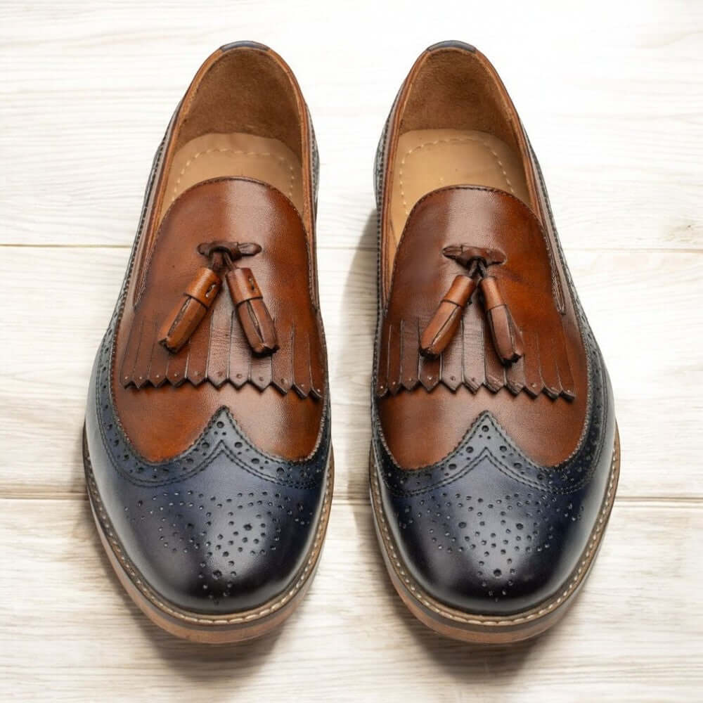 Bepoke Brown Blue Fringe Loafer Tussle Shoes, Men's Leather Shoes