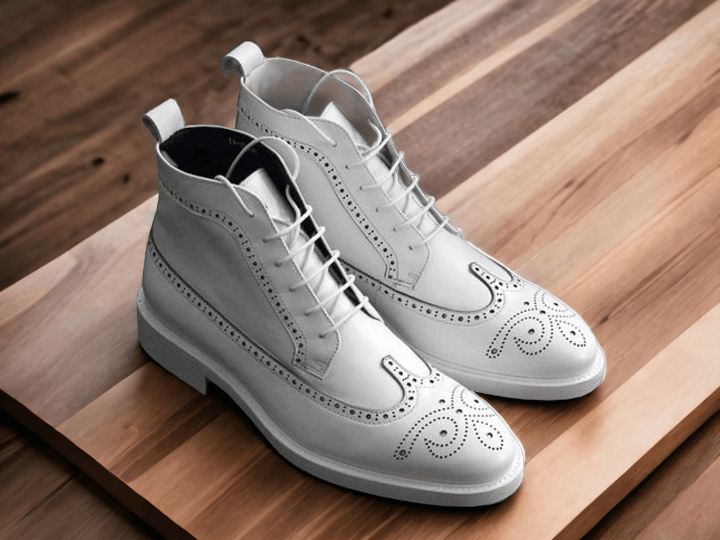 White Color High Ankle Stylish Wing Tip Genuine Leather Handmade Men Boots, White Brogue Boots