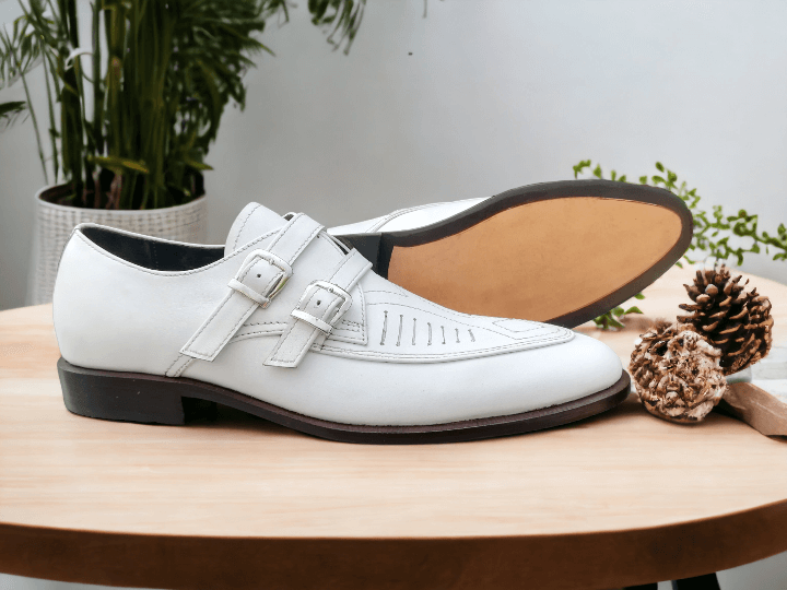 Men's White Double Buckle Genuine Leather Shoes, Handmade Shoes, Stylish Shoes