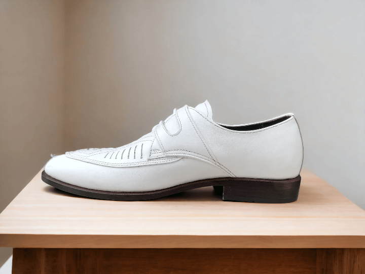 Men's White Double Buckle Genuine Leather Shoes, Handmade Shoes, Stylish Shoes