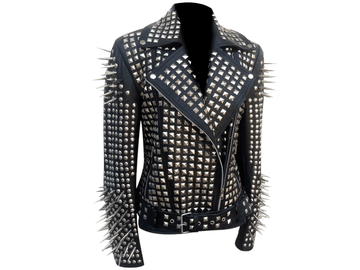 Women Black Brando Punk Silver Long Spiked Handmade Rocker Studded Leather Halloween Jacket