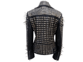 Women Black Brando Punk Silver Long Spiked Handmade Rocker Studded Leather Halloween Jacket