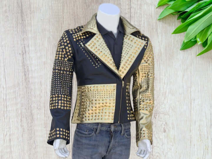 Woman Punk Brando Full Golden Studded Black Biker Leather Jacket - Luxury Shelfs