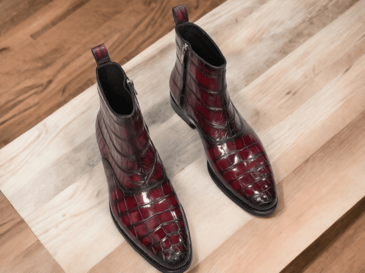 Handmade Men Alligator Print Boots, Red Ankle Boots