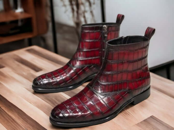 Handmade Men Alligator Print Boots, Red Ankle Boots