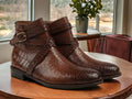 Handmade Men's Alligator Print Jodhpurs Long Buckle Leather Boots