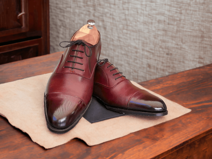 Men's Burgundy Leather Cap Toe Shoes, Lace Up Shoes, Men's Dress Leather Shoes