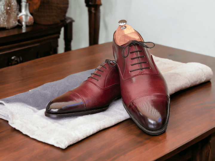 Men's Burgundy Leather Cap Toe Shoes, Lace Up Shoes, Men's Dress Leather Shoes