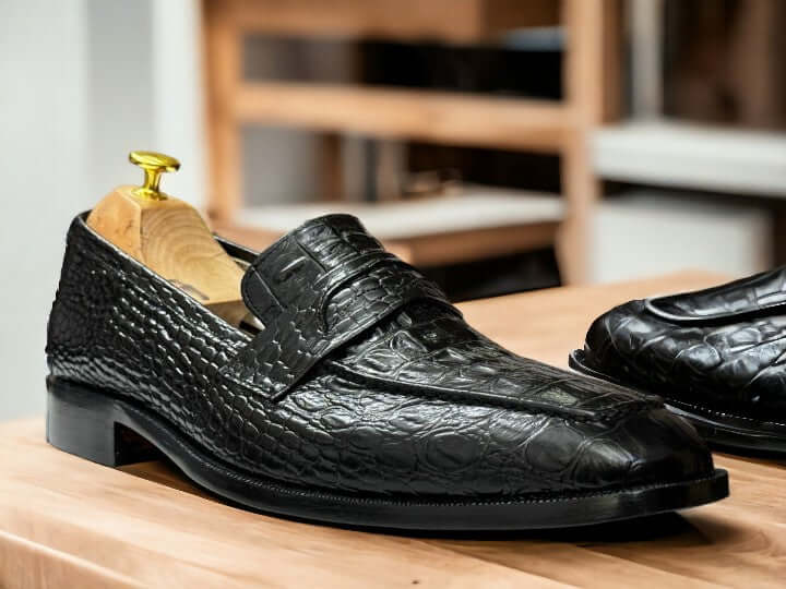 Handmade Men's Black Crocodile Loafers Shoes, Alligator Dress Suiting Shoe