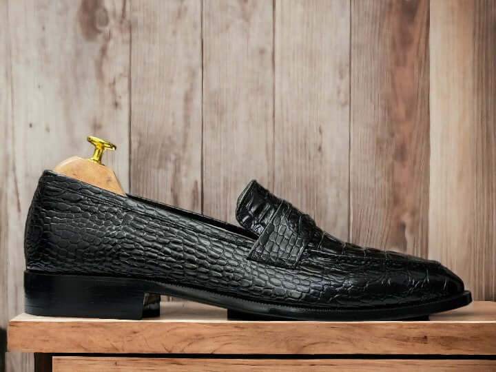 Handmade Men's Black Crocodile Loafers Shoes, Alligator Dress Suiting Shoe