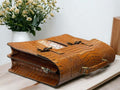 Handmade Tan Alligator Print Leather Bag, Laptop Shoes Belt Gift Pack