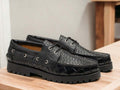 Expertly crafted with a sleek alligator print, these handmade black loafer shoes are sure to elevate any outfit. The chunky sole provides added comfort and style, while the slip on design makes them a convenient and versatile choice. Perfect for any occasion, these shoes are a must-have for any fashion-forward individual.