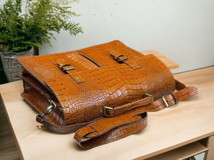 Handmade Tan Alligator Print Leather Bag, Laptop Shoes Belt Gift Pack