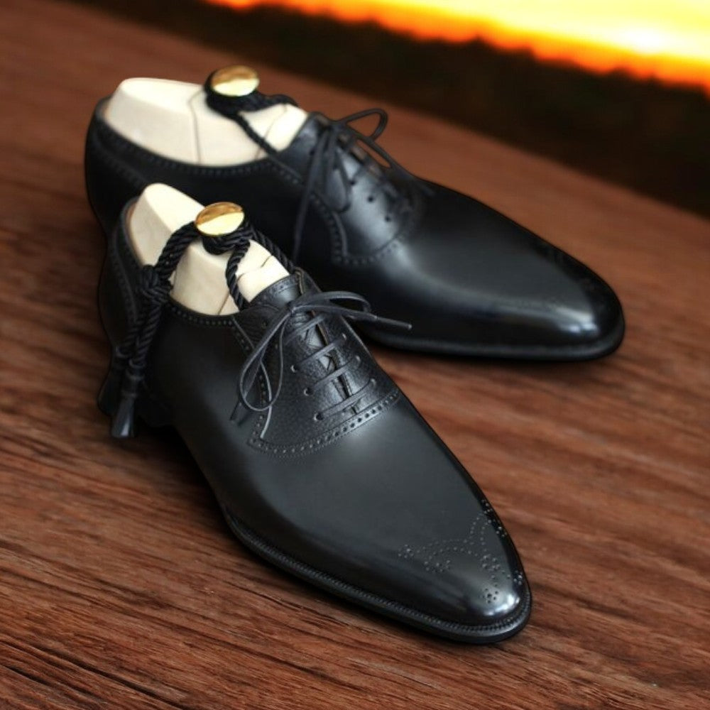 Men's Handmade Black Leather Lace Up Brogue Shoes, Oxford Shoes