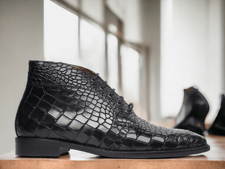 Introducing our handmade Men's Alligator Chukka Boots, featuring an elegant alligator print design. These dress lace up boots are perfect for any sophisticated gentleman looking to add a touch of luxury to their wardrobe. Elevate your style with these premium boots.