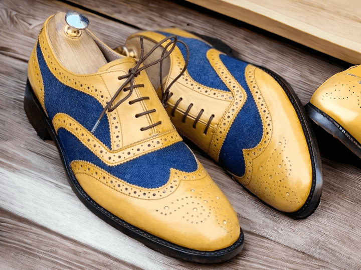 Handmade with a combination of tan blue leather and denim, these men's oxford shoes are both stylish and durable. Expertly crafted, they provide a unique blend of comfort and sophistication for any occasion. Invest in quality and elevate your footwear game with these handmade shoes.