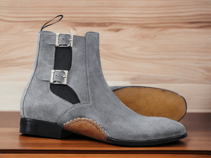 Handmade Grey Double Buckle Suede Boot, Chelsea Boot, Men's Stylish Formal Boot - Luxury Shelfs