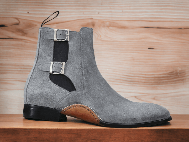 Handmade Grey Double Buckle Suede Boot, Chelsea Boot, Men's Stylish Formal Boot - Luxury Shelfs