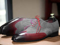 Expertly crafted and uniquely designed, our Men's Two Tone Wing Tip Shoes are the perfect blend of style and quality. The handmade burgundy and beige leather suede adds a touch of sophistication, while the wing tip design offers a classic and timeless look. Elevate your shoe game with these must-have shoes.