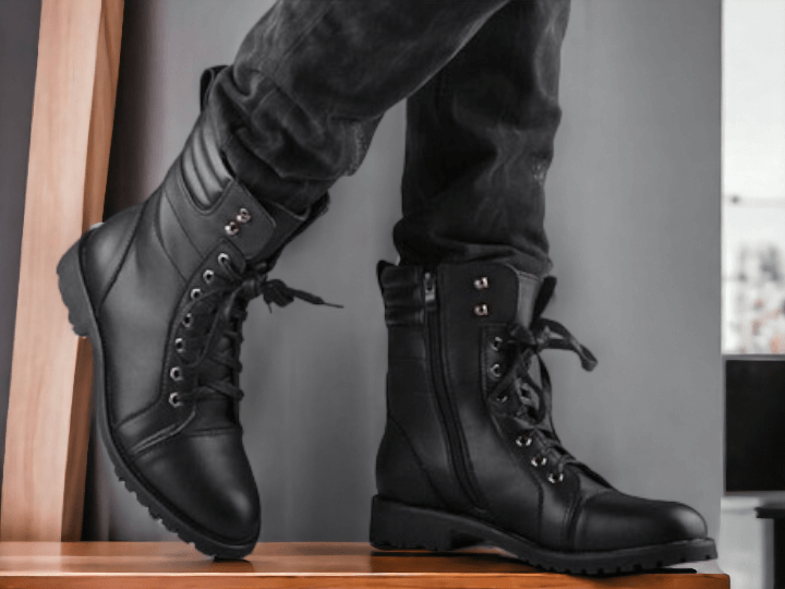 Handmade black ankle high leather boot, men's zipper lace up formal boot