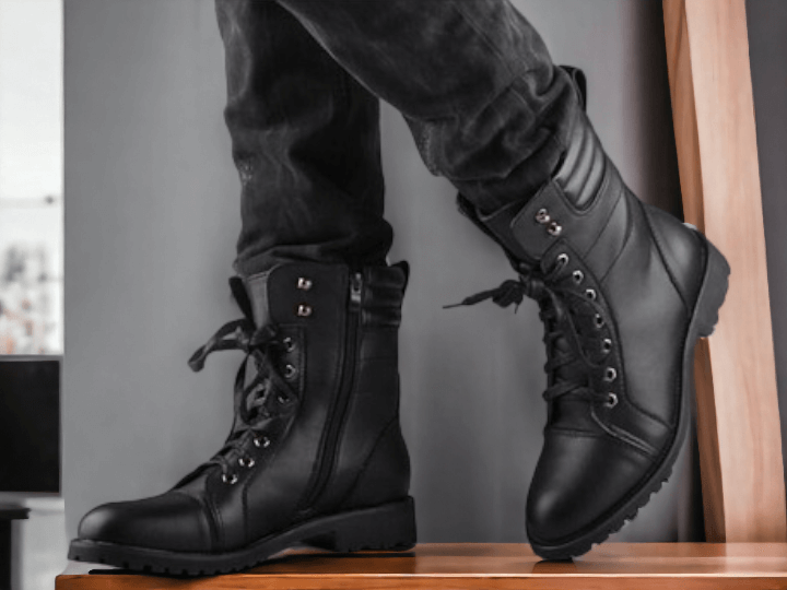 Handmade black ankle high leather boot, men's zipper lace up formal boot