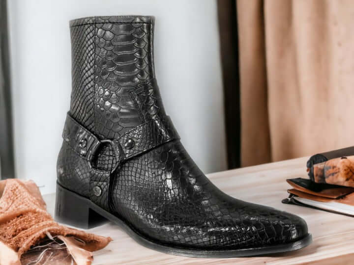 Step out in style with these Black Python Print Harness Boots. Crafted with luxurious black python print upper, these boots offer a bold yet sophisticated look. The harness style is sure to make a statement, while the cushioned insole ensures lasting comfort. Get the perfect fit with the adjustable side buckle closure.