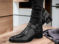 Step out in style with these Black Python Print Harness Boots. Crafted with luxurious black python print upper, these boots offer a bold yet sophisticated look. The harness style is sure to make a statement, while the cushioned insole ensures lasting comfort. Get the perfect fit with the adjustable side buckle closure.HArness Biker boots