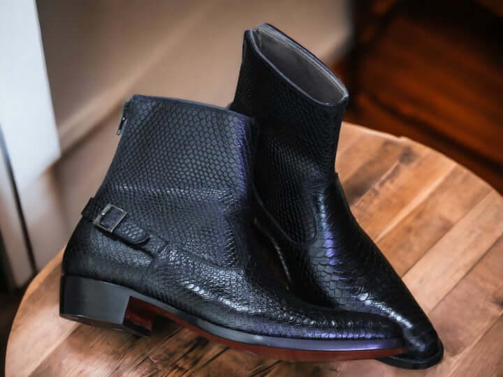 These luxurious Handmade Leather Ankle Boots are crafted from Black Python Print leather for a timeless look. Its superior quality gives it a comfortable fit while its handmade construction ensures long-lasting durability. Look and feel great with these stylish boots.