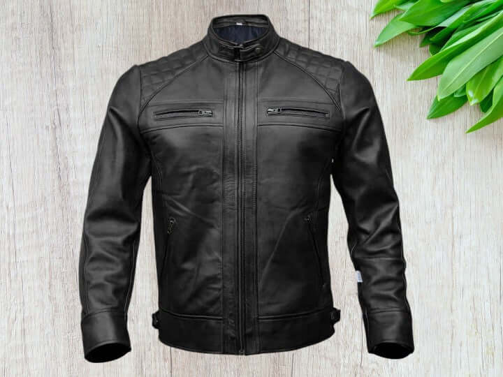 Custom Tailored Black Lambskin Motorcycle Biker Slim Fit Leather Jacket for Men