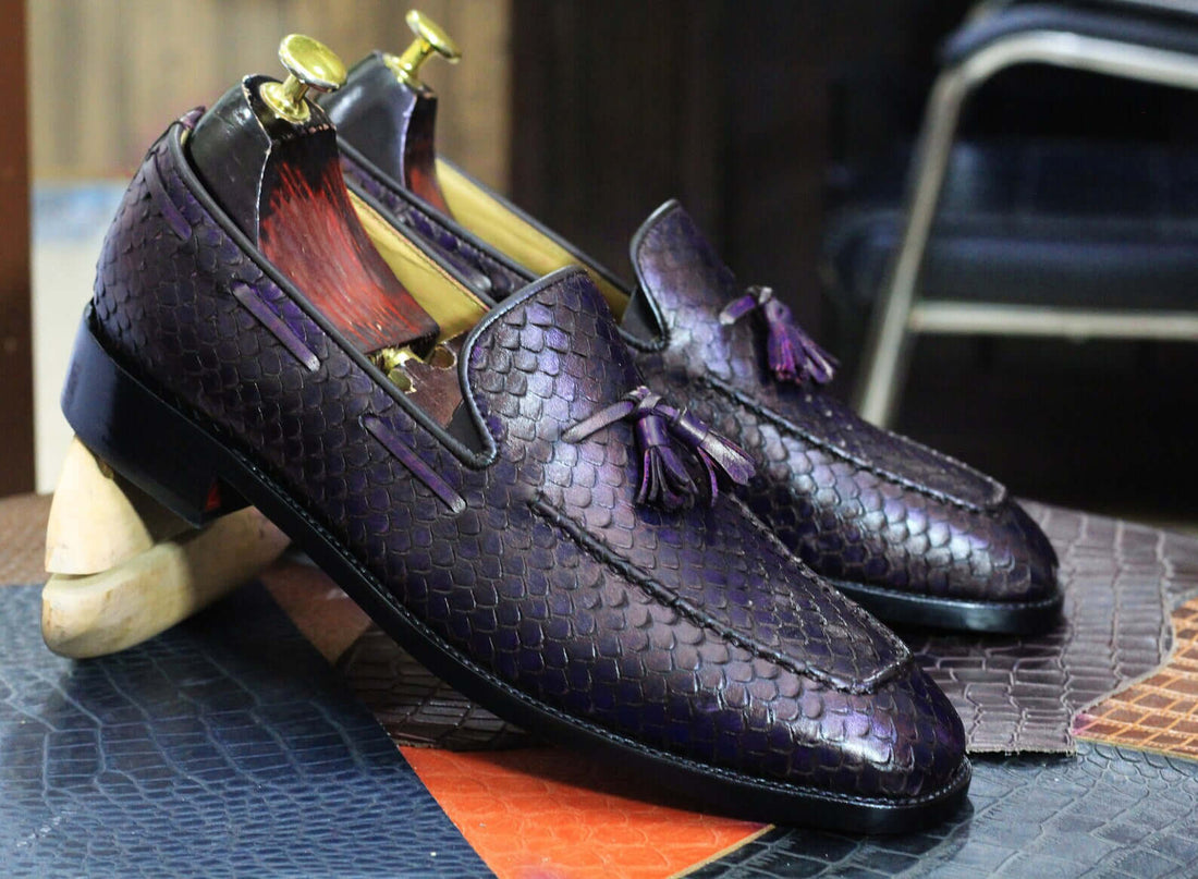 Men's Purple Python Leather Loafer Shoes, Handmade Slip On Casual Shoes 