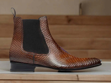 Men Handmade Python Textures Leather Chelsea Boots, Designer Boots