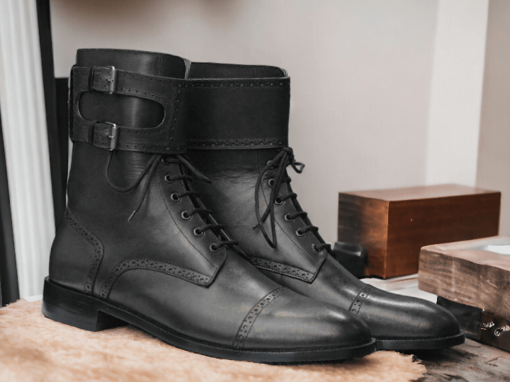 Step up your style game with our Man Brown Ankle Leather Boots. Expertly crafted from the finest leather, these handmade boots feature a purple Green Brown Balck buckle and lace-up design for a touch of luxury. Perfect for any occasion, these ankle-high boots are sure to make a statement.