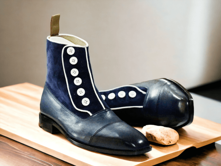 Handmade Leather & Suede Button Top Boots, Bespoke Navy Dress Formal Boots