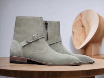 Hand Crafted Ankle High Suede Boot, Madrid Strap Beige Suede Zipper Closure Boot